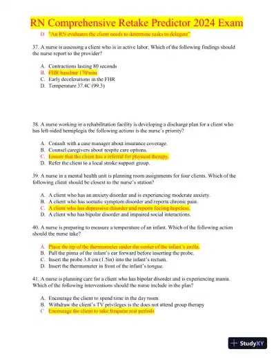 2024 RN Comprehensive Retake Predictor Exam with Answers (180 Solved Questions) - Page 10 preview image