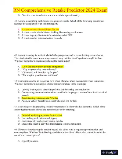 2024 RN Comprehensive Retake Predictor Exam with Answers (180 Solved Questions) - Page 11 preview image