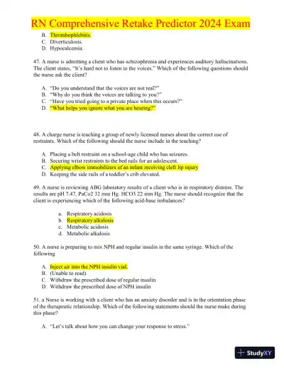2024 RN Comprehensive Retake Predictor Exam with Answers (180 Solved Questions) - Page 12 preview image