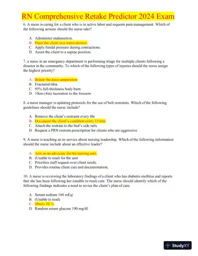 2024 RN Comprehensive Retake Predictor Exam with Answers (180 Solved Questions) - Page 3 preview image