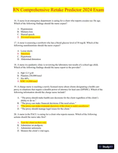 2024 RN Comprehensive Retake Predictor Exam with Answers (180 Solved Questions) - Page 5 preview image