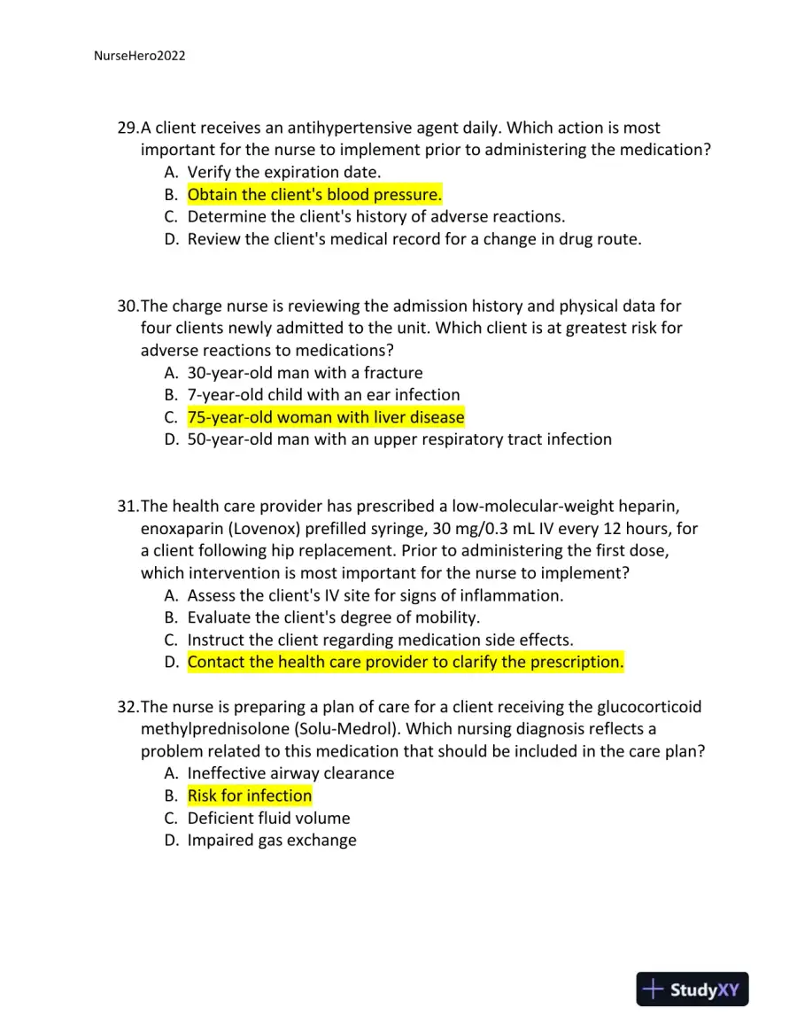 2022 HESI Texas Southern University RN Pharmacology Review Exam Version 2 With Answers (65 Solved Questions), page 11
