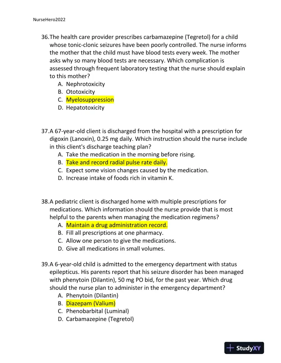 2022 HESI Texas Southern University RN Pharmacology Review Exam Version 2 With Answers (65 Solved Questions), page 13