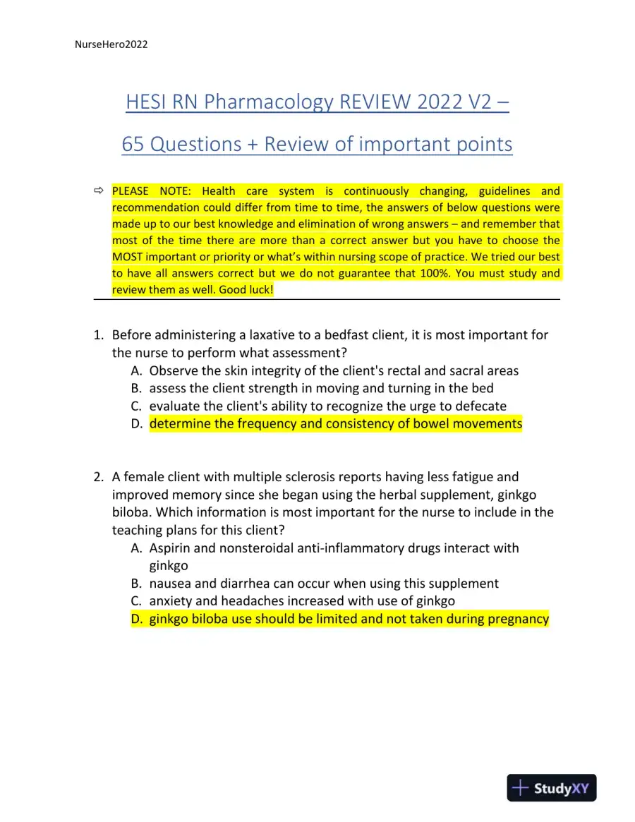 2022 HESI Texas Southern University RN Pharmacology Review Exam Version 2 With Answers (65 Solved Questions), page 3