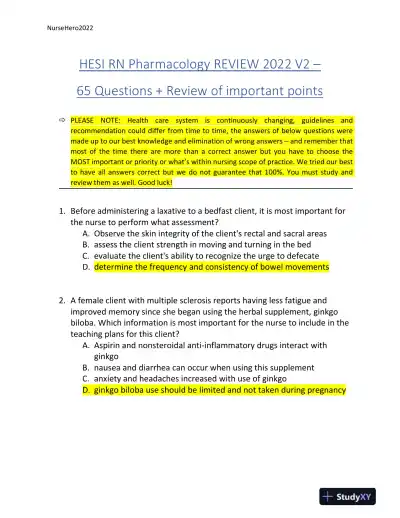 2022 HESI Texas Southern University RN Pharmacology Review Exam Version 2 With Answers (65 Solved Questions) - Page 3 preview image
