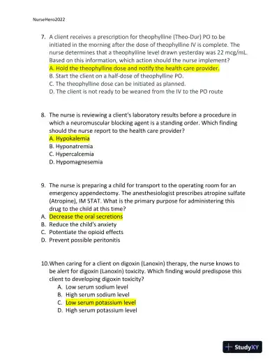 2022 HESI Texas Southern University RN Pharmacology Review Exam Version 2 With Answers (65 Solved Questions) - Page 5 preview image