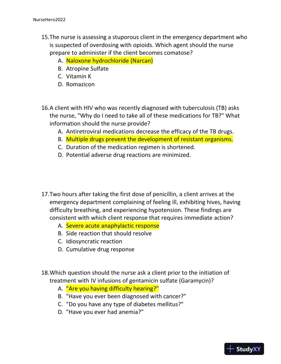 2022 HESI Texas Southern University RN Pharmacology Review Exam Version 2 With Answers (65 Solved Questions), page 7