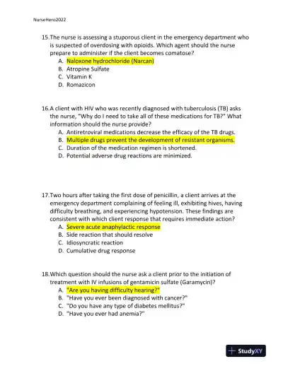 2022 HESI Texas Southern University RN Pharmacology Review Exam Version 2 With Answers (65 Solved Questions) - Page 7 preview image