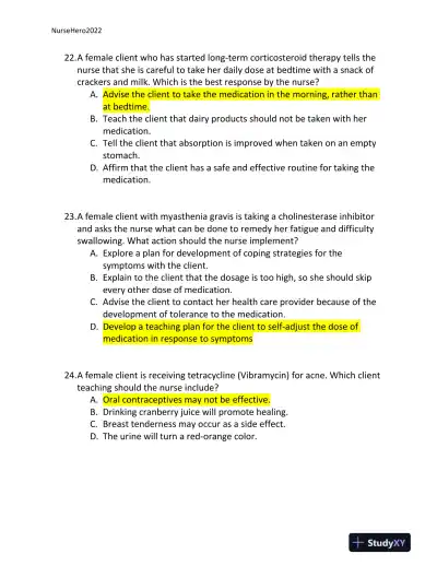 2022 HESI Texas Southern University RN Pharmacology Review Exam Version 2 With Answers (65 Solved Questions) - Page 9 preview image