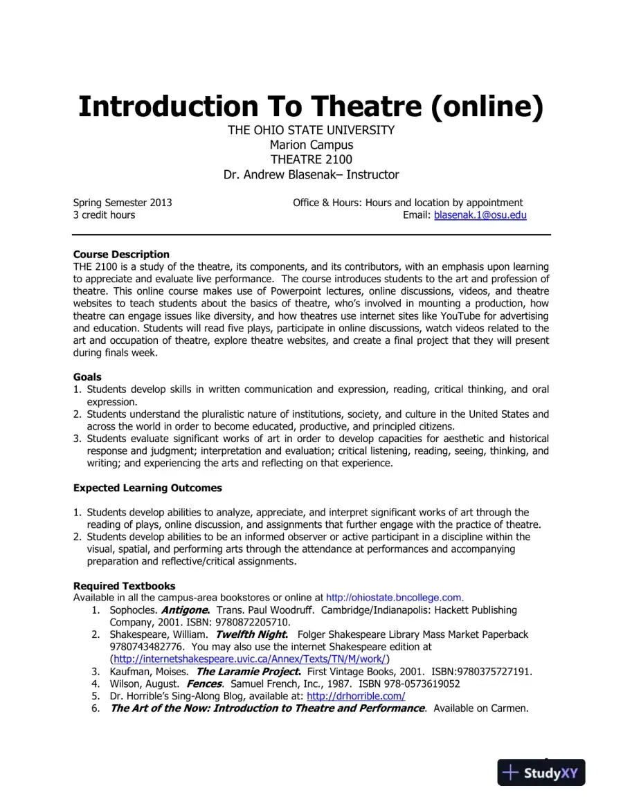 Theatre 2100 Introduction To Theatre (online) The OHIO State University Marion Campus, page 3