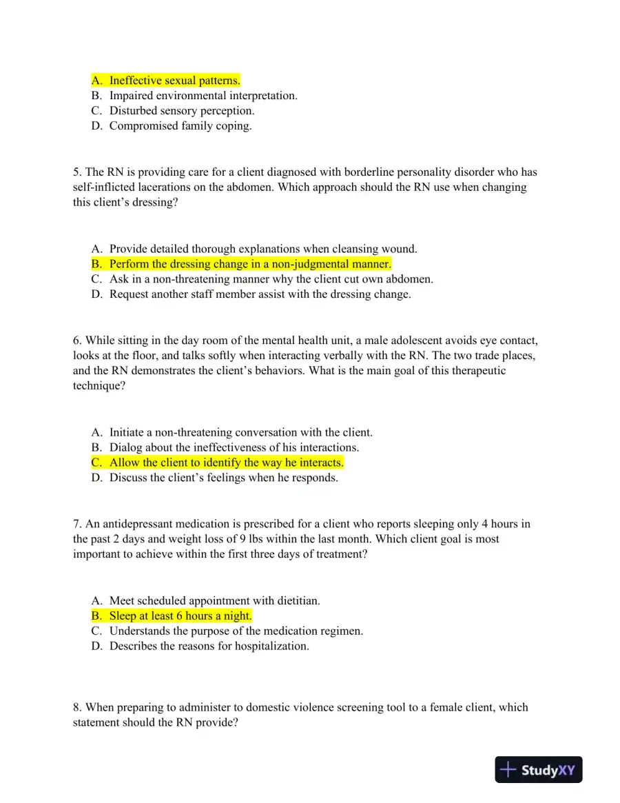 2020 HESI RN Mental Health Testbanks Version 1 With Answers (27 Solved Questions), page 3