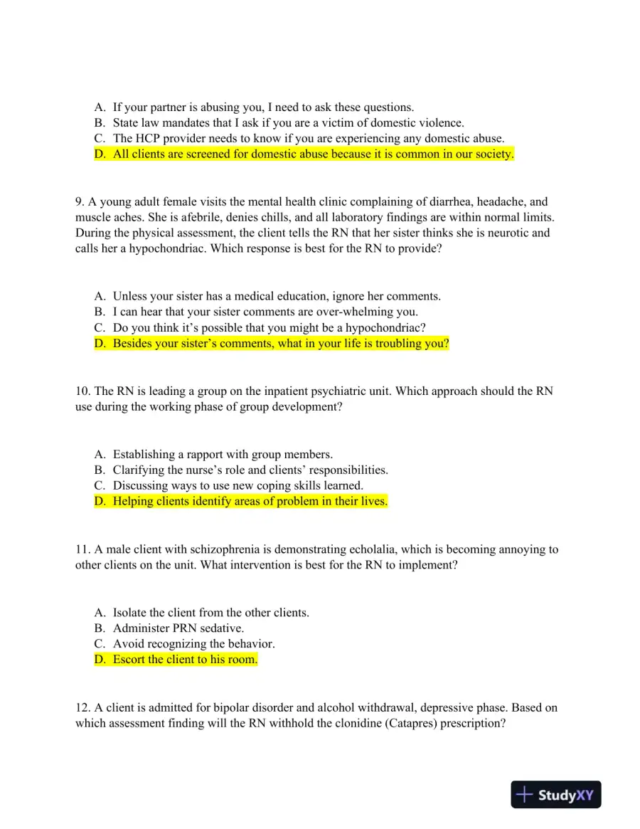 2020 HESI RN Mental Health Testbanks Version 1 With Answers (27 Solved Questions), page 4