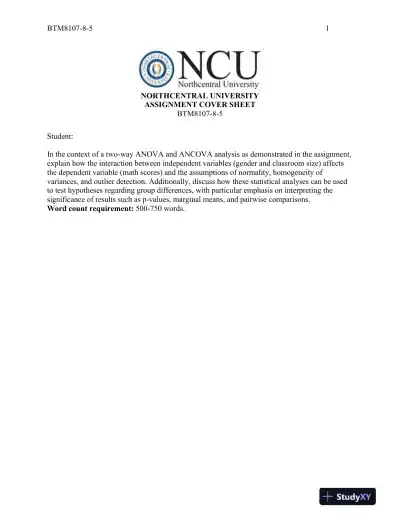 BTM8107-8-5 ANCOVA and Factorial ANOVA Northcentral University - Page 1 preview image