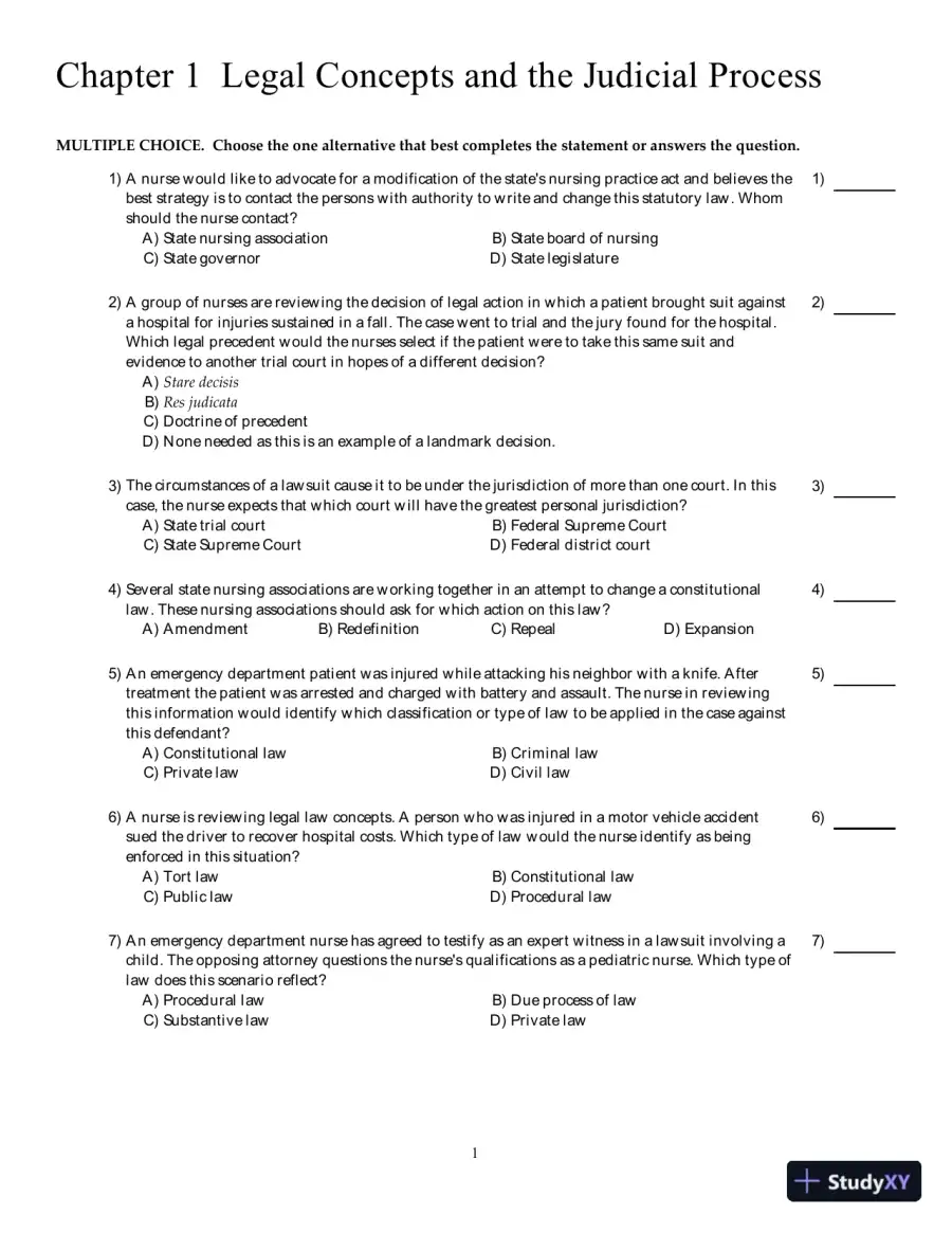 Test Bank for Legal and Ethical Issues in Nursing, 7th Edition, page 6