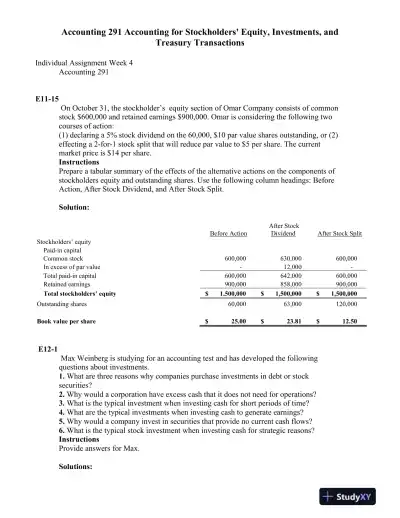 Accounting 291 Accounting for Stockholders' Equity, Investments, and Treasury Transactions - Page 1 preview image