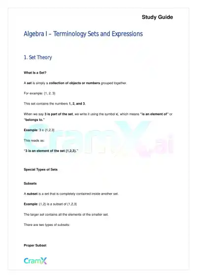 Algebra I – Terminology Sets and Expressions - Page 1 preview image