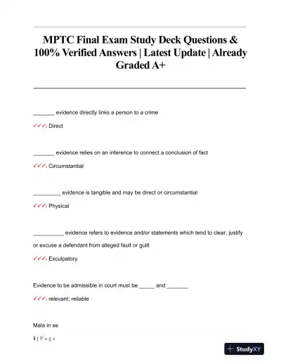 MPTC Criminal Law Final Exam With Answers (417 Solved Questions) - Page 1 preview image