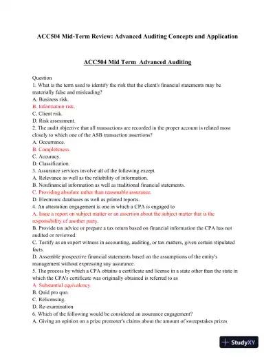 ACC504 Mid-Term Review: Advanced Auditing Concepts and Application - Page 1 preview image