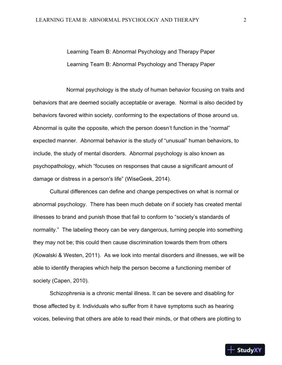 Learning Team B: Abnormal Psychology and Therapy, page 3