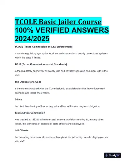 2024-2025 TCOLE Basic Jailer Course Practice Exam with Answers (259 Solved Questions) - Page 1 preview image