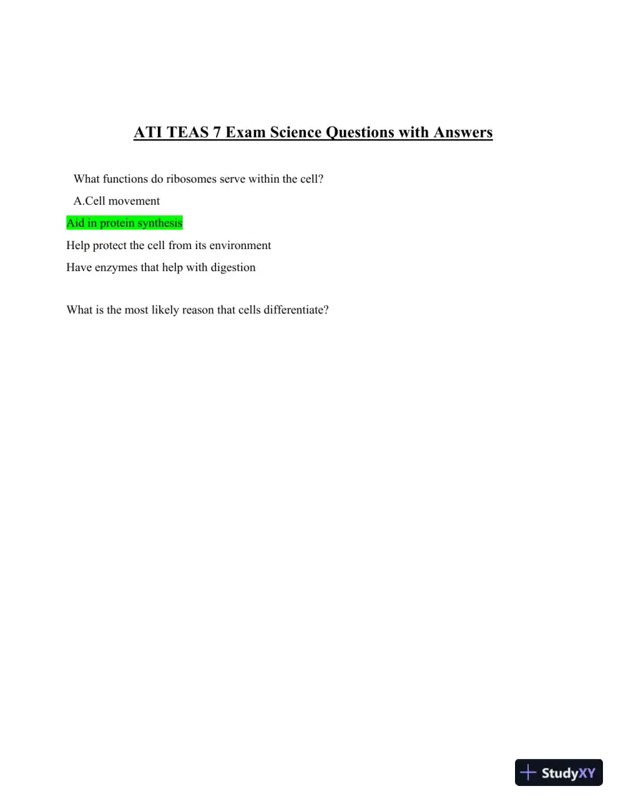 2024 ATI TEAS 7 Science Section Actual Exam with Answers (372 Solved Questions), page 3