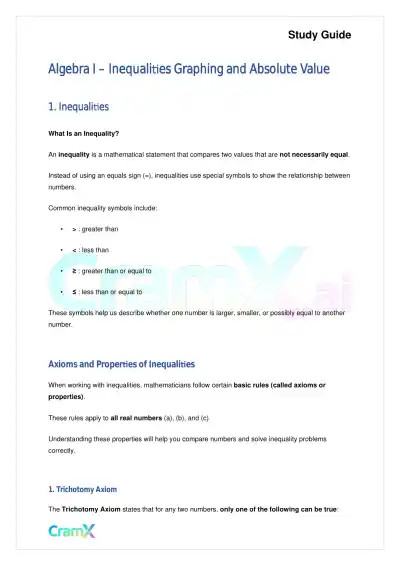 Algebra I – Inequalities Graphing and Absolute Value - Page 1 preview image