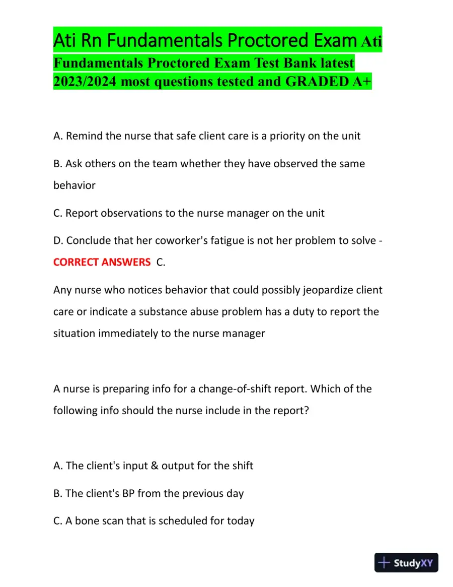 2023-2024 ATI RN Fundamentals Proctored Exam with Answers (100 Solved Questions), page 10