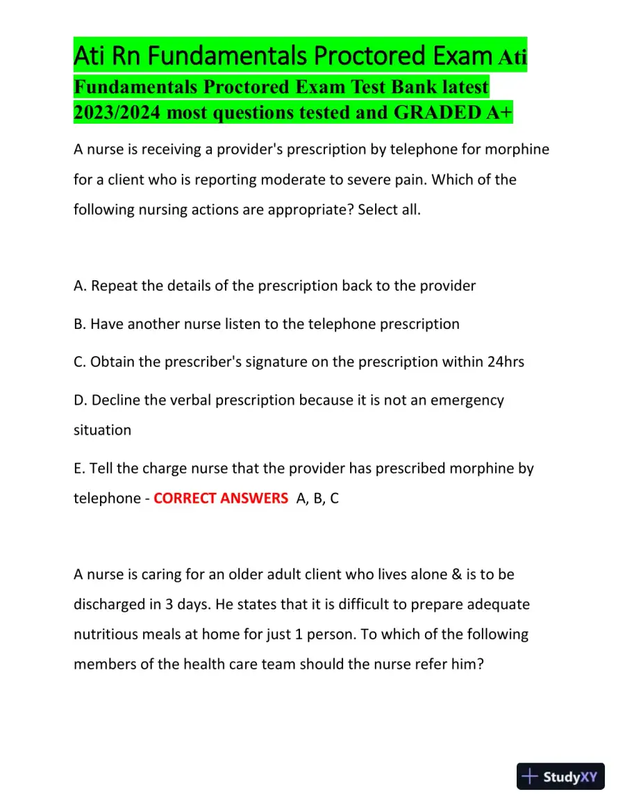 2023-2024 ATI RN Fundamentals Proctored Exam with Answers (100 Solved Questions), page 14
