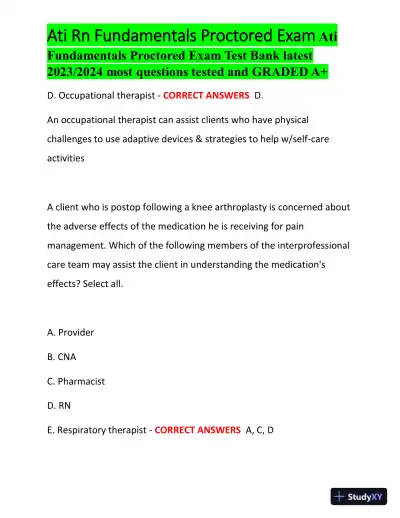 2023-2024 ATI RN Fundamentals Proctored Exam with Answers (100 Solved Questions) - Page 16 preview image
