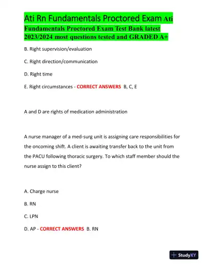 2023-2024 ATI RN Fundamentals Proctored Exam with Answers (100 Solved Questions) - Page 5 preview image