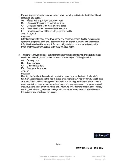Test Bank for Maternal and Child Health Nursing: Care of the Childbearing and Childrearing Family, 9th North American Edition (Chapters 1-56) - Page 1 preview image