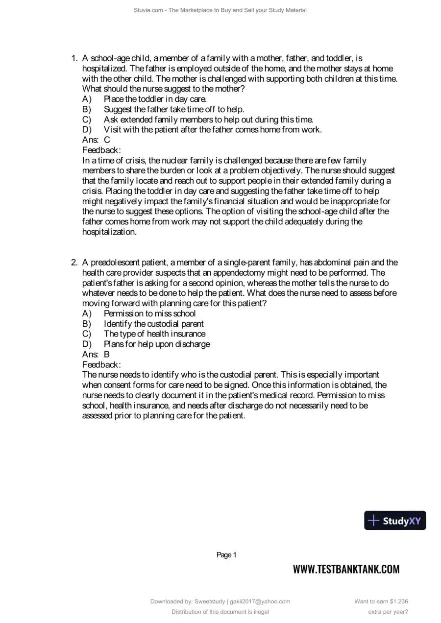 Test Bank for Maternal and Child Health Nursing: Care of the Childbearing and Childrearing Family, 9th North American Edition (Chapters 1-56), page 10