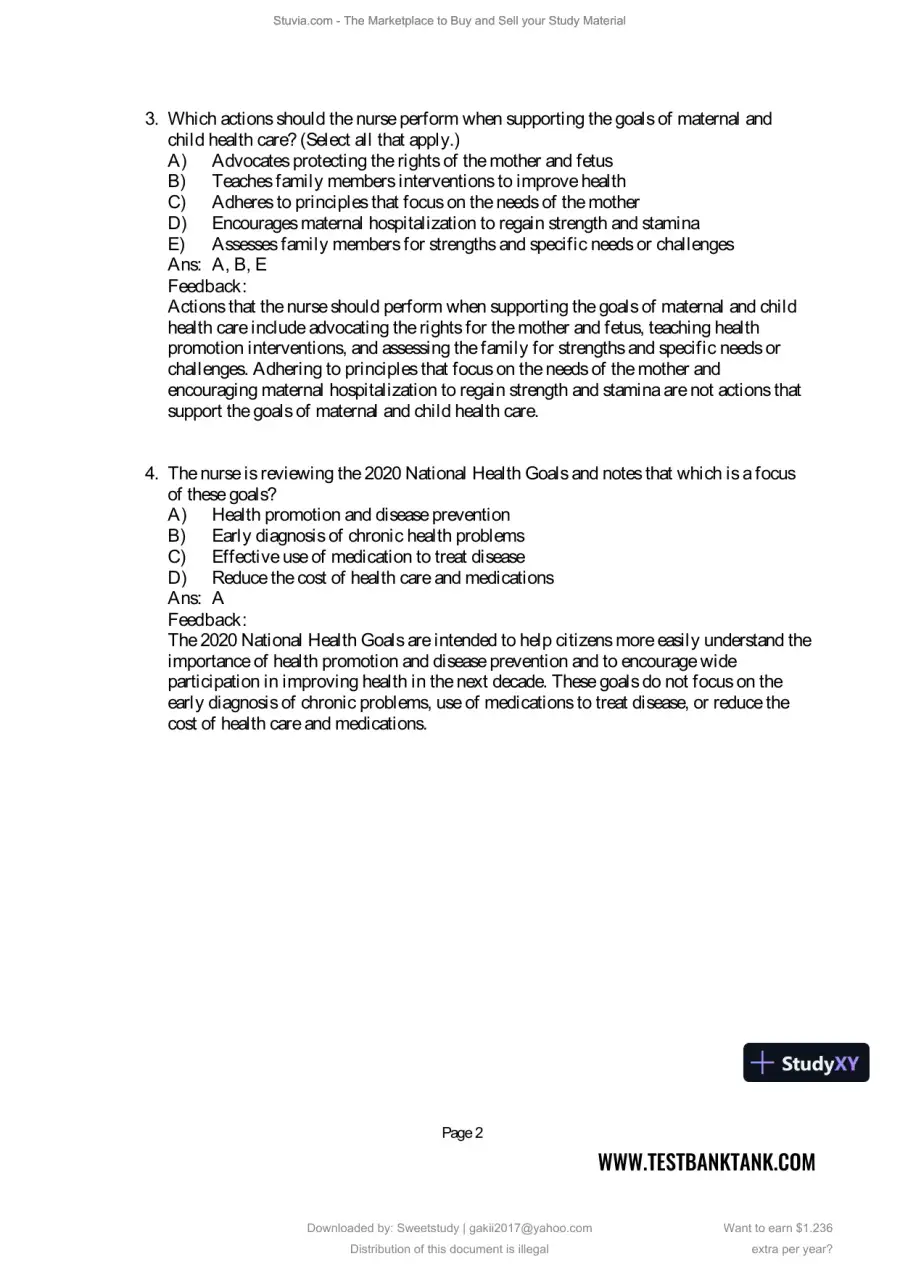 Test Bank for Maternal and Child Health Nursing: Care of the Childbearing and Childrearing Family, 9th North American Edition (Chapters 1-56), page 3