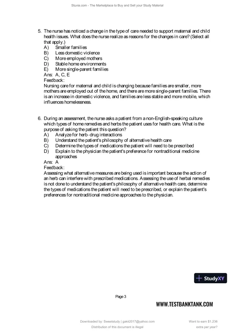 Test Bank for Maternal and Child Health Nursing: Care of the Childbearing and Childrearing Family, 9th North American Edition (Chapters 1-56), page 5