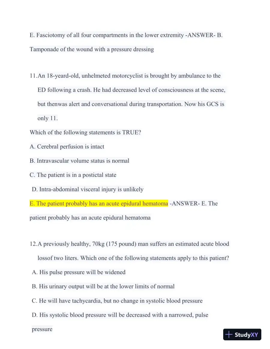 2023-2024 ATLS Pre Test Practice Exam with Answers (350 Solved Questions), page 10
