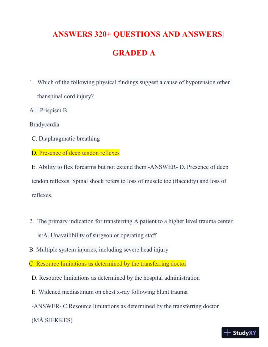 2023-2024 ATLS Pre Test Practice Exam with Answers (350 Solved Questions), page 4