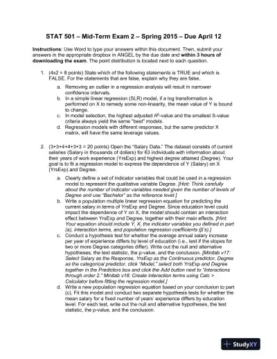 STAT 501 Mid-Term Exam 2 Spring 2015 - Page 1 preview image