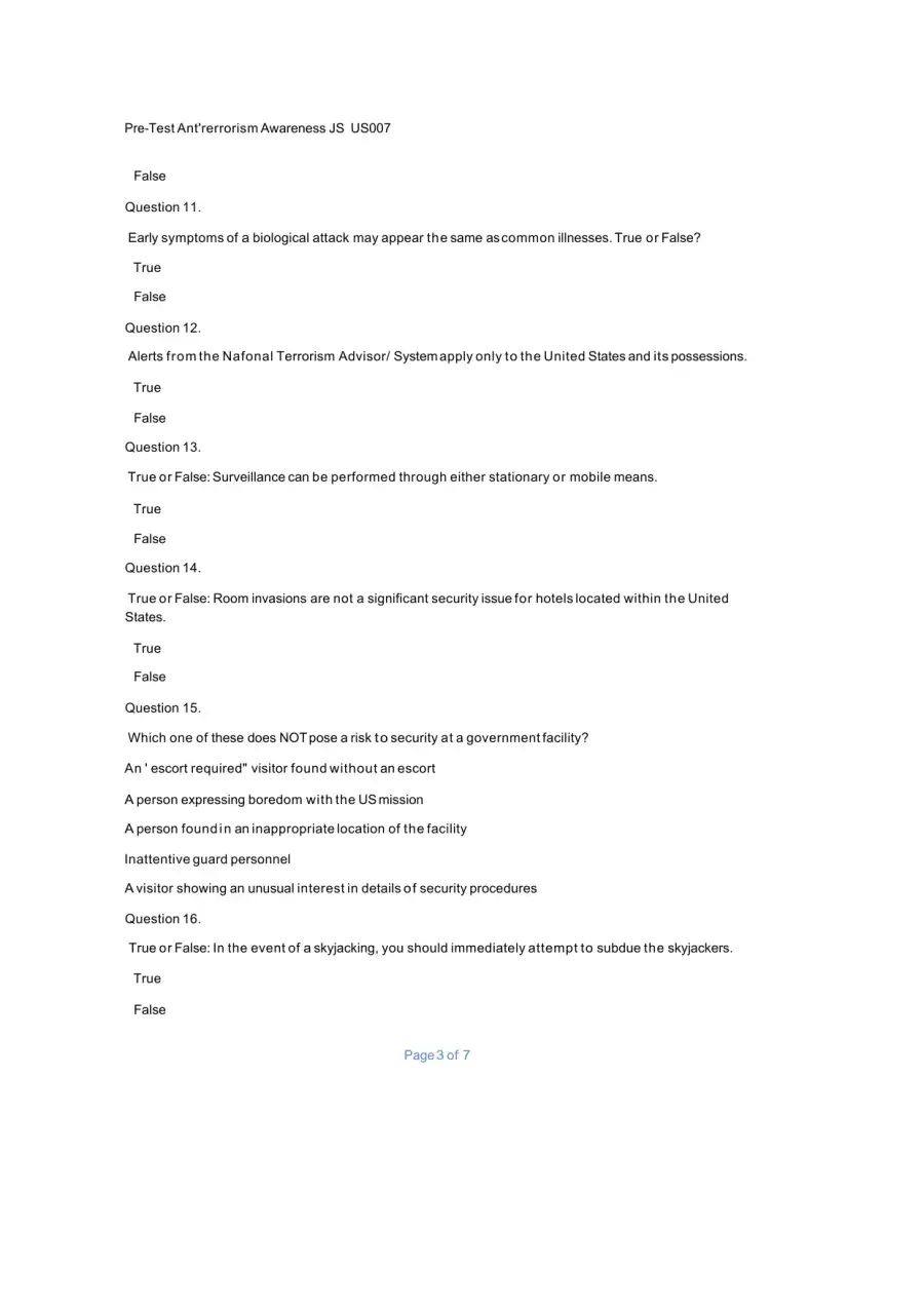 Essential Pre-Test for Antiterrorism Awareness Tra, page 3