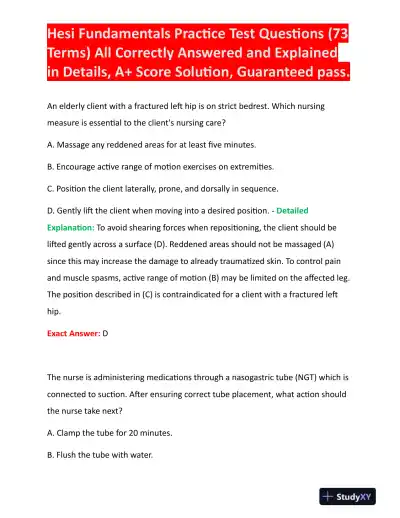 HESI Fundamentals Practice Exam With Answers (73 Solved Questions) - Page 1 preview image