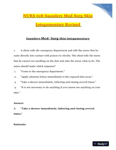 2020 NURS618 Saunders Medical Surgical Skin Integumentary Revised Question With Answers (115 Solved Questions) - Page 1 preview image