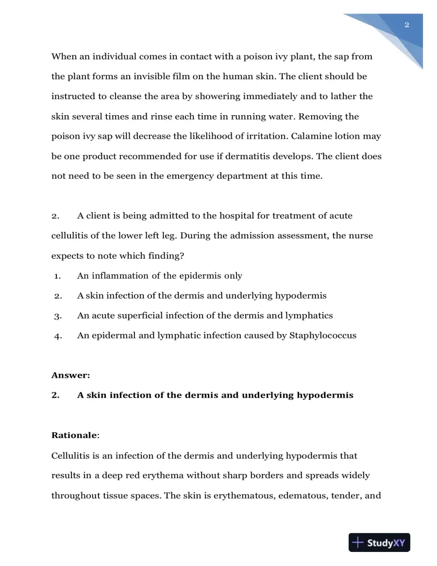 2020 NURS618 Saunders Medical Surgical Skin Integumentary Revised Question With Answers (115 Solved Questions), page 3