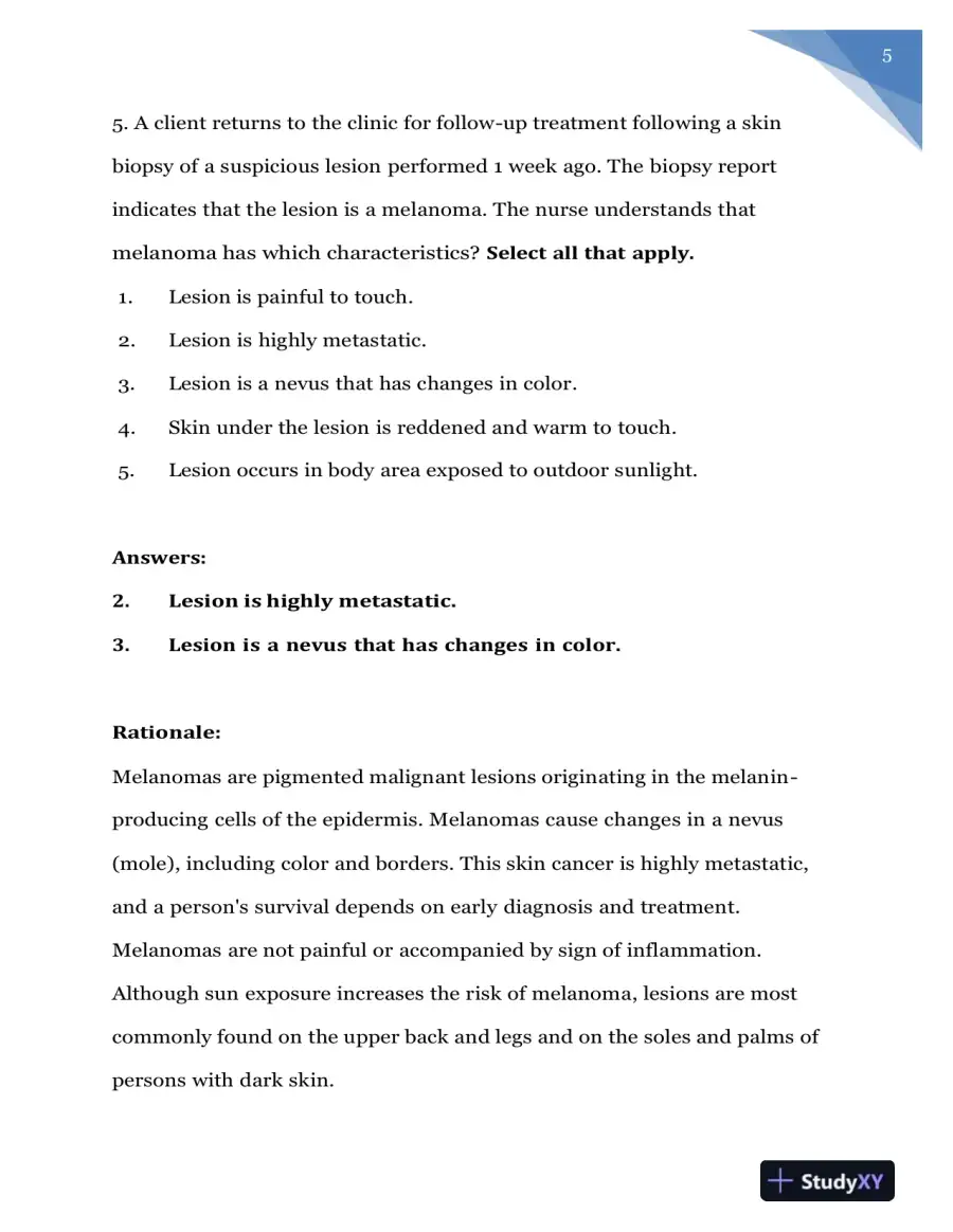 2020 NURS618 Saunders Medical Surgical Skin Integumentary Revised Question With Answers (115 Solved Questions), page 6