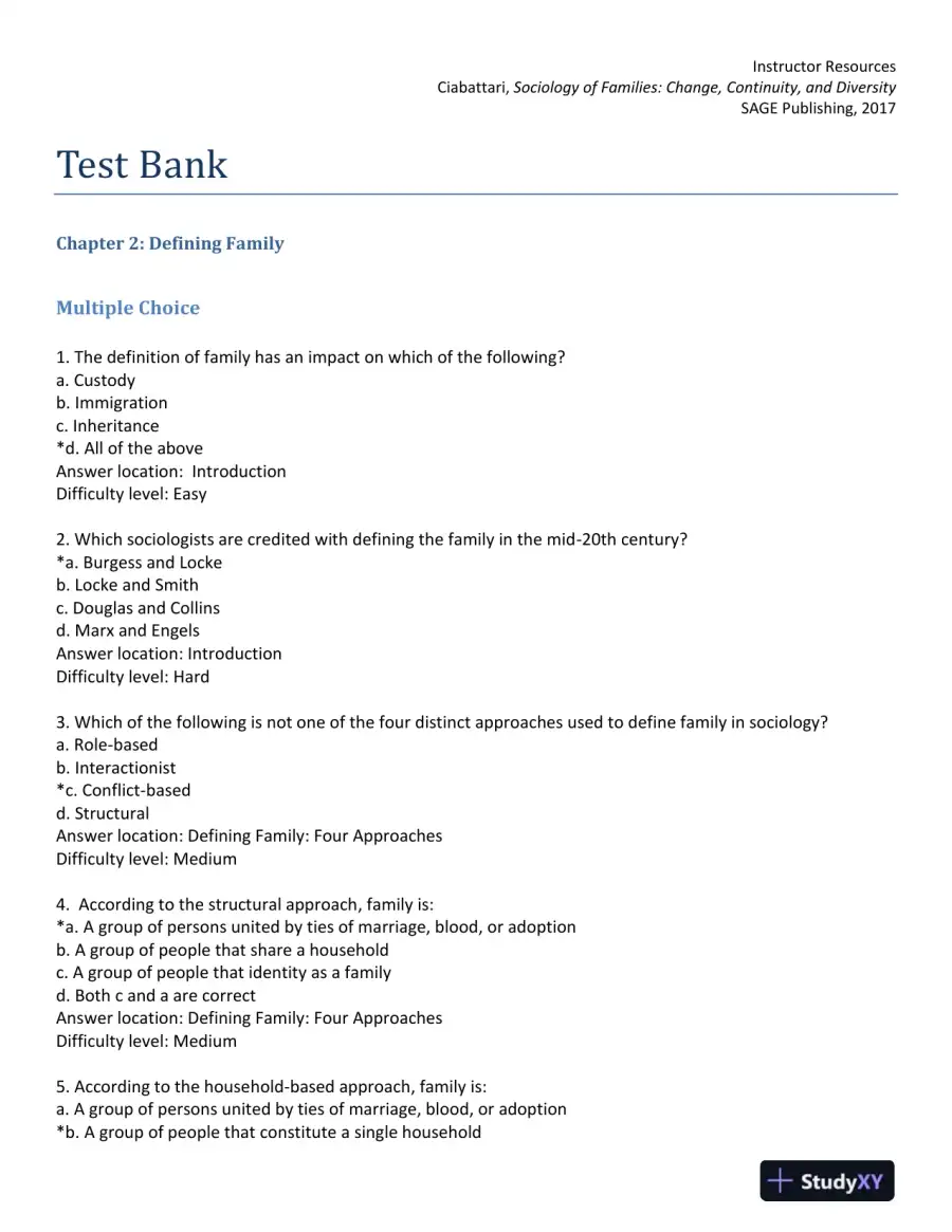 Sociology of Families: Change, Continuity, and Diversity 1st Edition Test Bank, page 10
