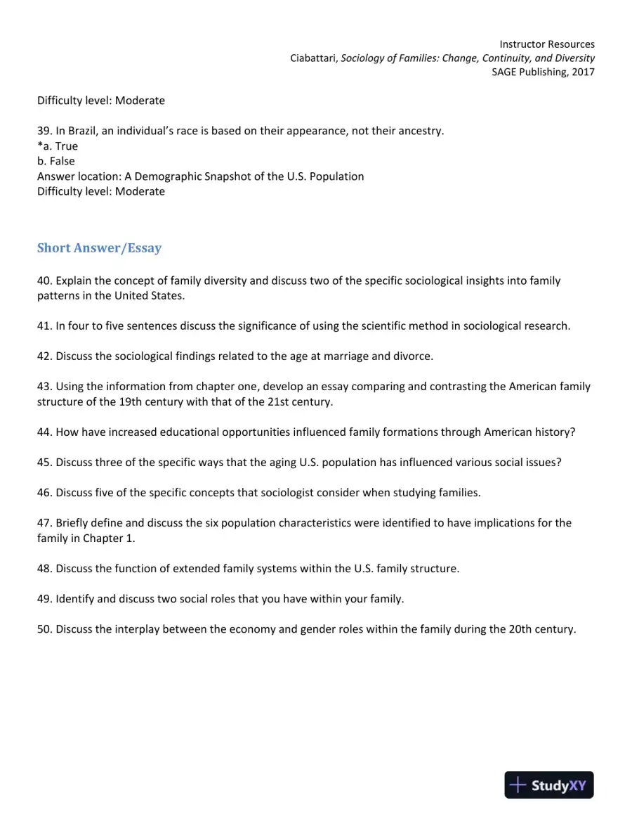 Sociology of Families: Change, Continuity, and Diversity 1st Edition Test Bank, page 9