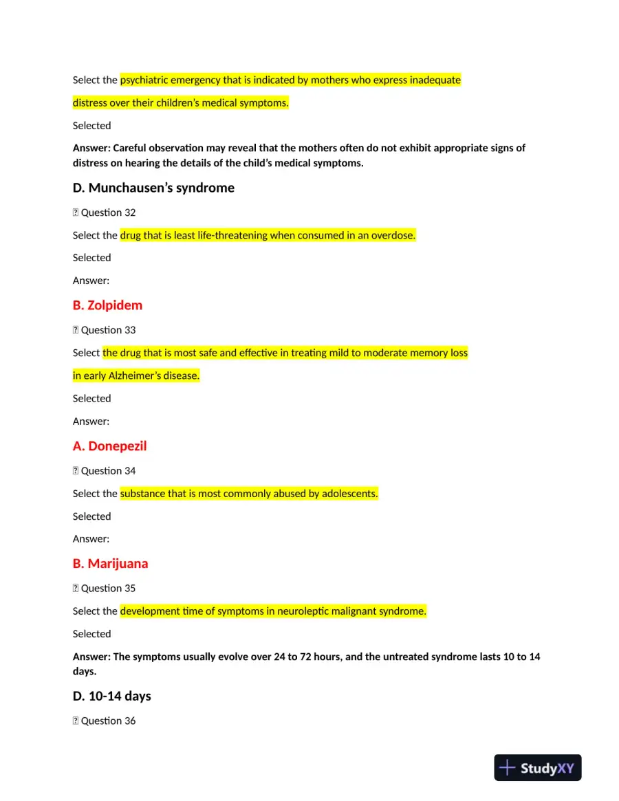 2022 NRNP6635 Walden University Psychopathology Final Exam Week 11 With Answers (261 Solved Questions), page 10