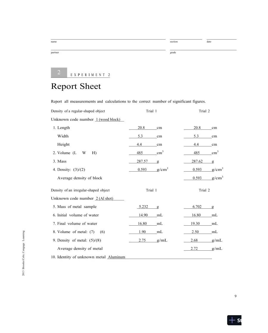 Solution Manual For Laboratory Experiments for Introduction to General, Organic and Biochemistry, 8th Edition, page 10