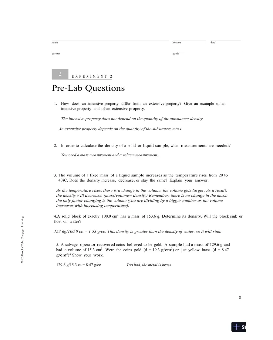 Solution Manual For Laboratory Experiments for Introduction to General, Organic and Biochemistry, 8th Edition, page 9