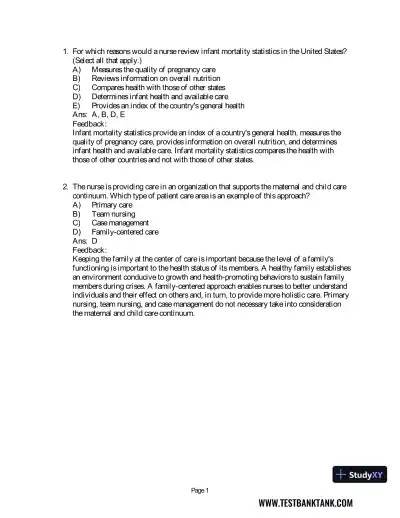 Maternal & Child Health Nursing: Care of the Childbearing & Childrearing Family 8th Edition Test Bank - Page 1 preview image