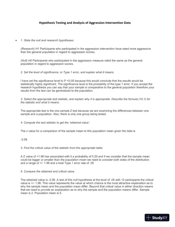 Hypothesis Testing And Analysis Of Aggression Intervention Data - Page 1 preview image
