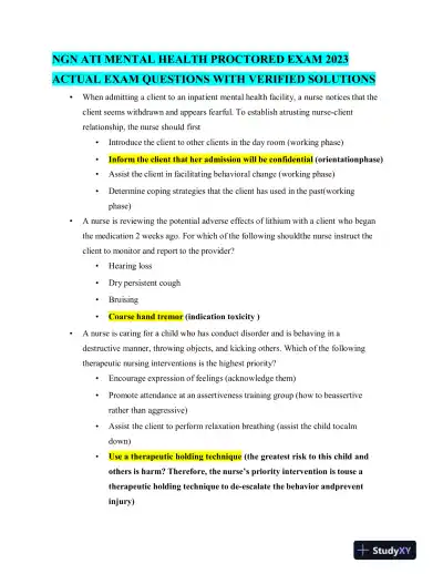 2023 ATI Mental Health Proctored Exam with Answers (60 Solved Questions) - Page 1 preview image